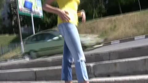 Horny Russian teen cutie pees in her blue jeans in public
