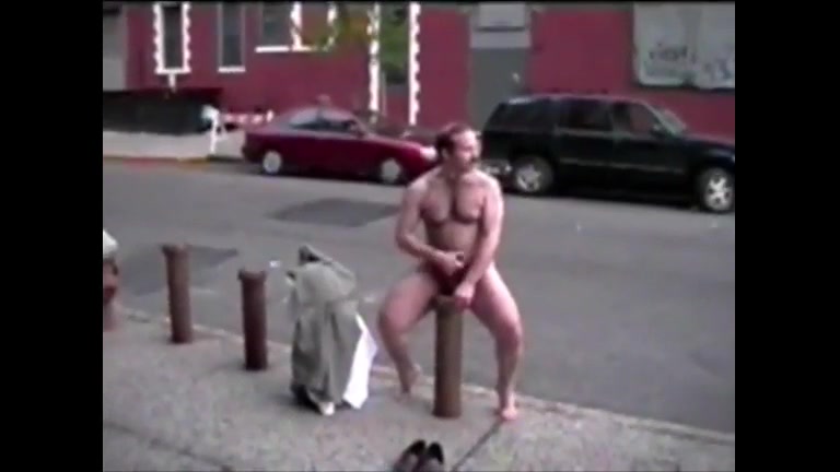 Naked man jerking off on the street