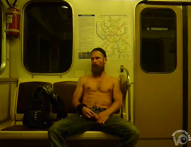 Bearded Russian guy rubs his big dick on the subway