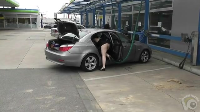 Upskirt video of my teasing wife cleaning the car