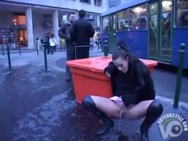 Public pissing princess in thigh high leather boots
