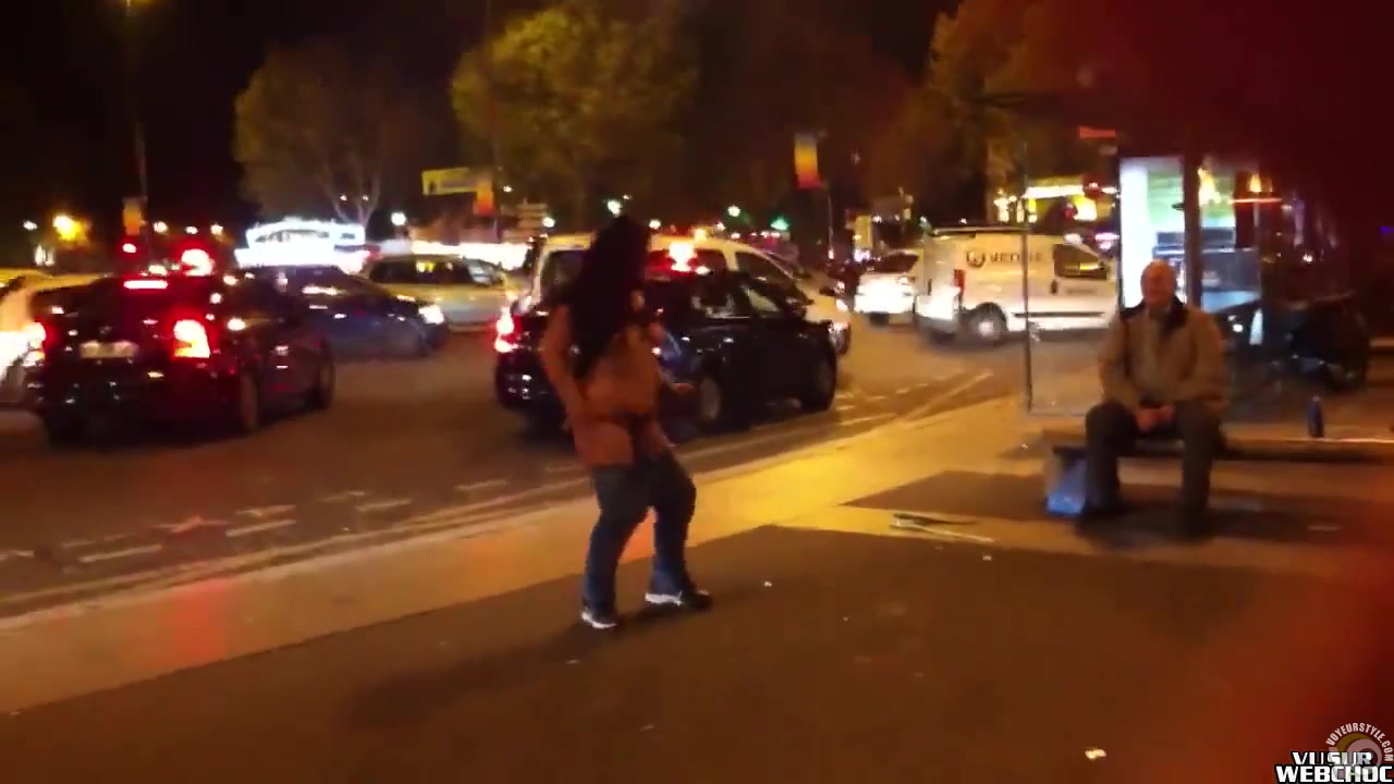 French stripper flashes tits to an older man sitting on a bench