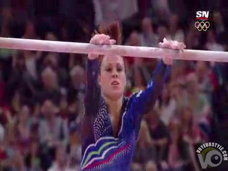 Skintight shiny leotard on a female gymnast