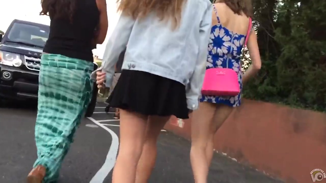 Slow motion walk with beauties in short skirts