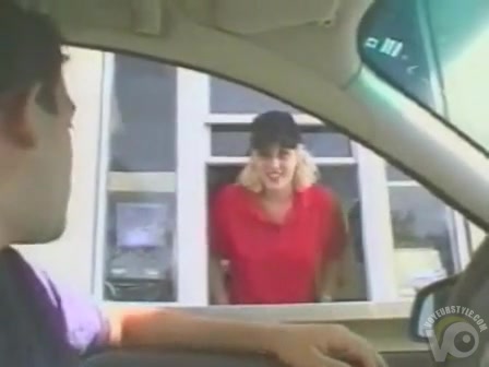 Drive thru beauty flashes her sexy boobies