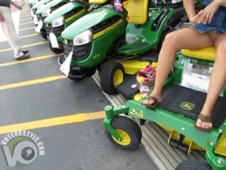 Awesome upskirt pussy while we shop for lawnmowers
