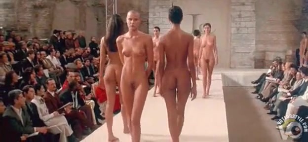 Naked supermodels walk the runway at a fashion show
