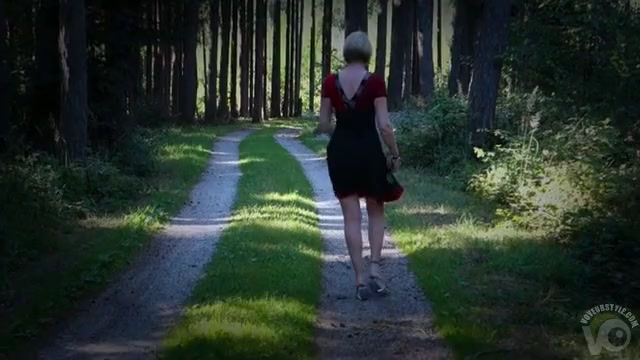 Shaved pussy upskirt walking down a wooded path