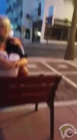 Blonde chick rides her man's member on a bench