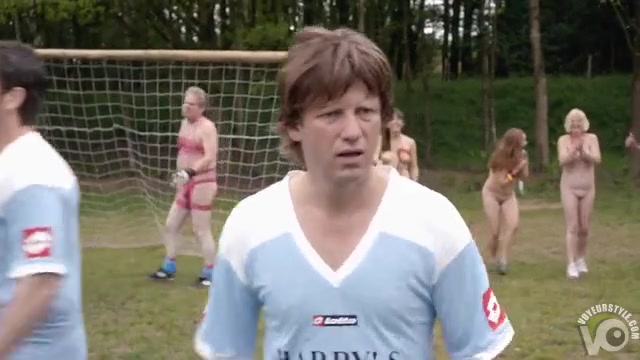 Nice scene from nudist movie with a soccer game