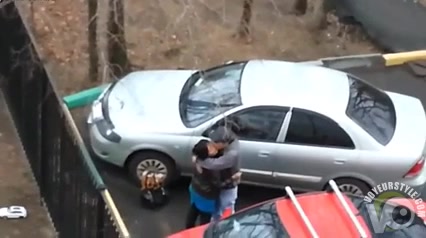 Dirty hooker gets nailed while hiding between two cars